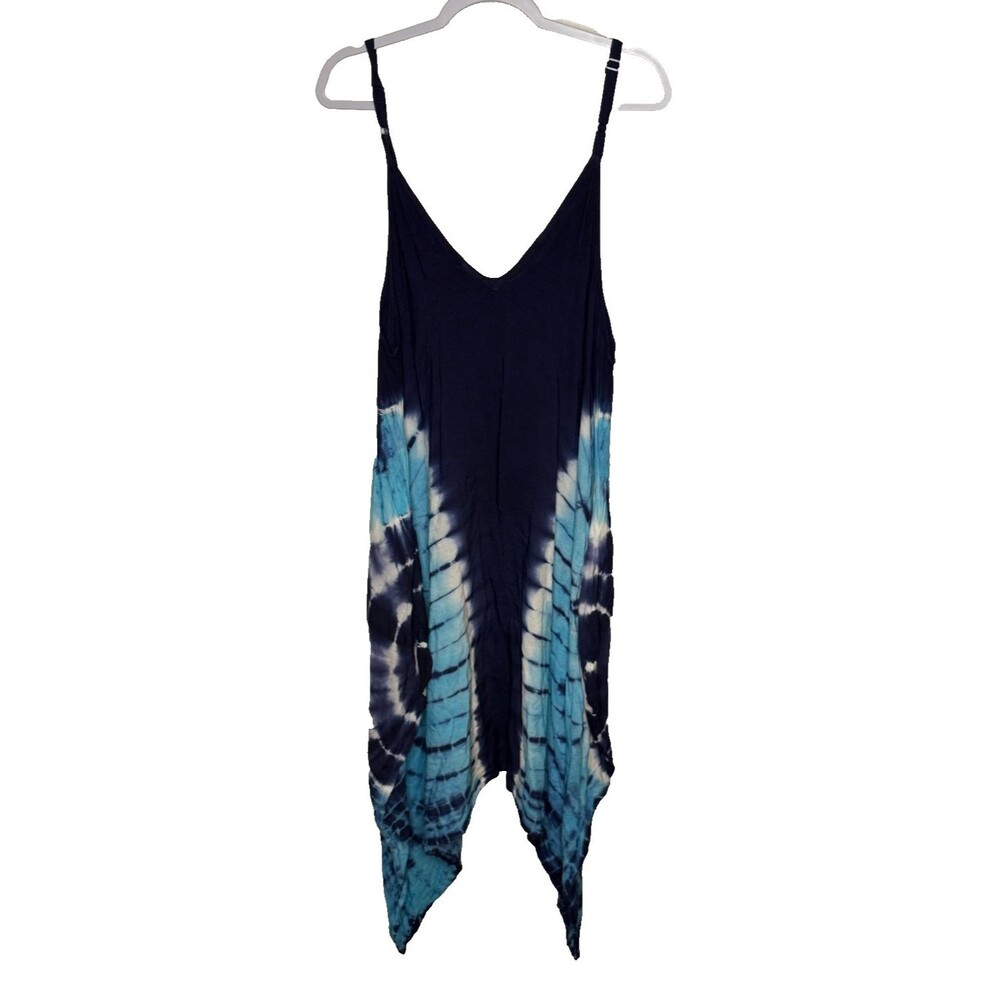 Shoreline Tie Dye Handkerchief Hem Cami Dress 3XL Plus Navy Turquoise Rayon Boho